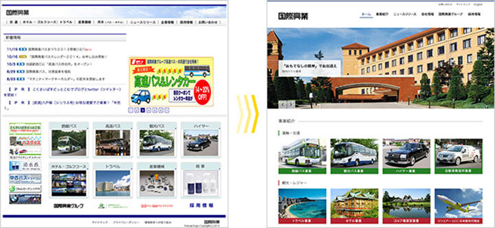 国際興業バスサイトのリニューアル前とリニューアル後